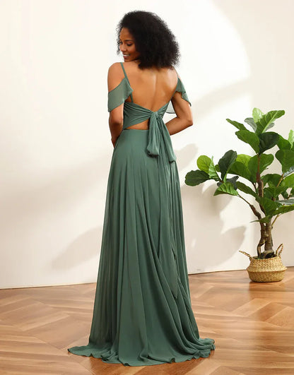 Eucalyptus Ruched V-Neck Spaghetti Strap Lace-Up Back Long Chiffon Bridesmaid Dress
