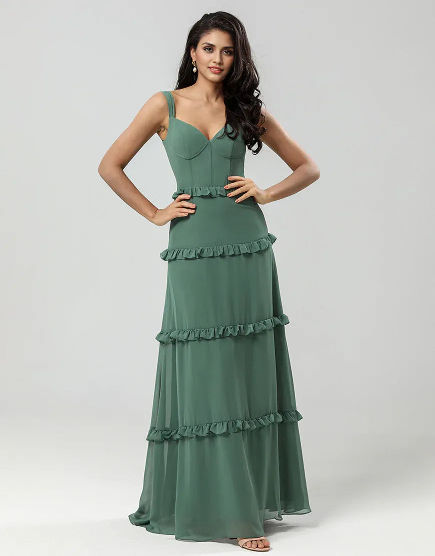 A Line Off the Shoulder V-Neck Eucalyptus Long Bridesmaid Dress