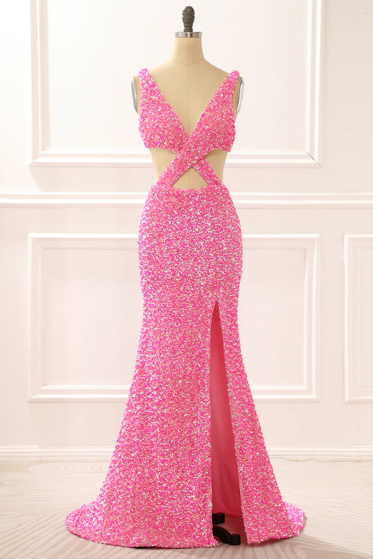 Hot Pink Mermaid V-Neck Sparkly Sequin Backless Prom Dress with Slit