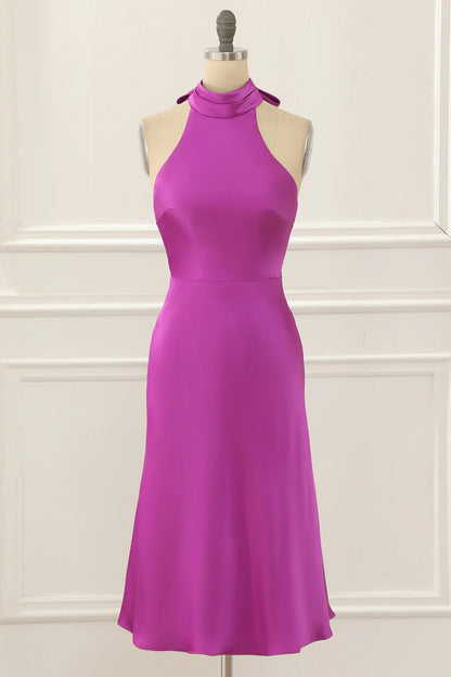 Fuchsia Round Neck Satin Halter Sleeveless Backless Short Simple Prom Dress