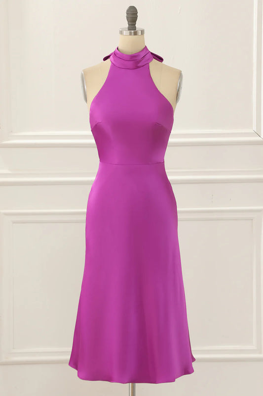 Fuchsia Round Neck Satin Halter Sleeveless Backless Short Simple Prom Dress