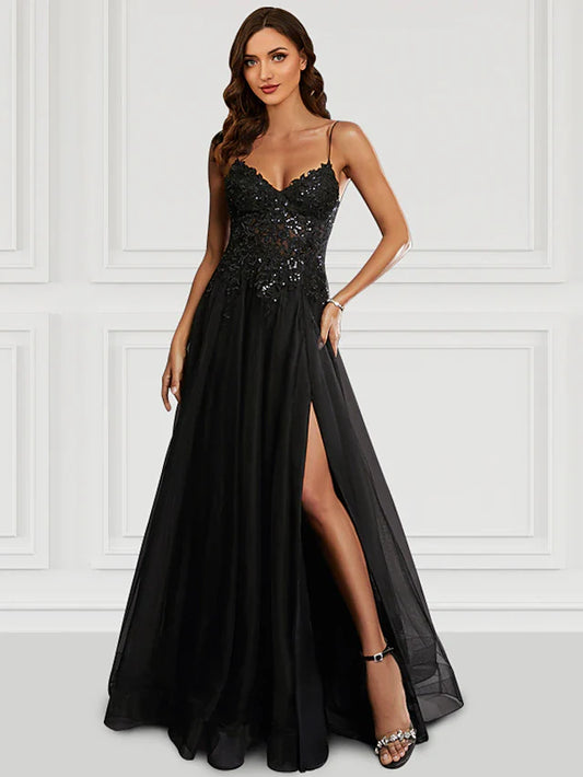 A-Line Prom Dresses Black Dress Party Wear Floor Length Sleeveless Spaghetti Strap Tulle with Glitter Slit