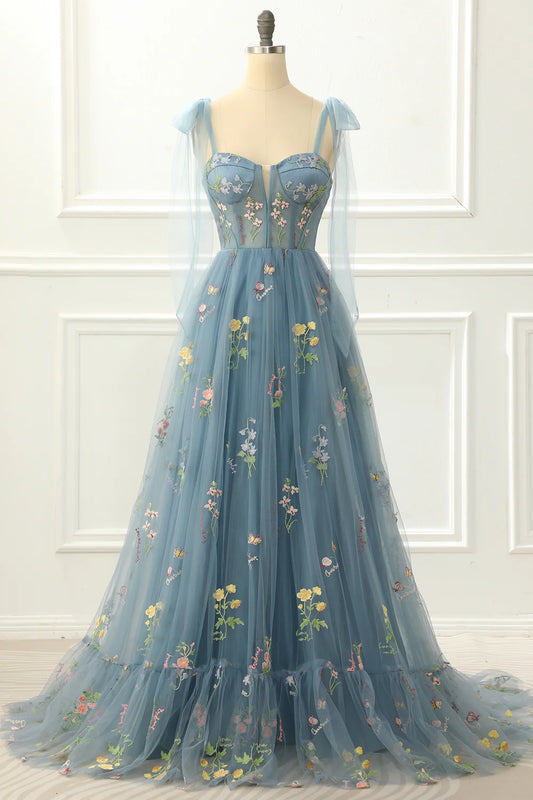 A-Line Grey Blue Princess Square Neck Bow Strap Prom Dress With Embroidery