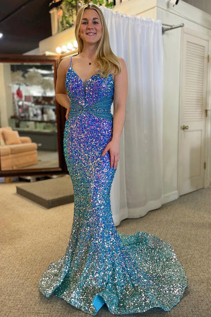 Sparkly Blue Mermaid Spaghetti Straps V-Neck Backless Long Prom Dress