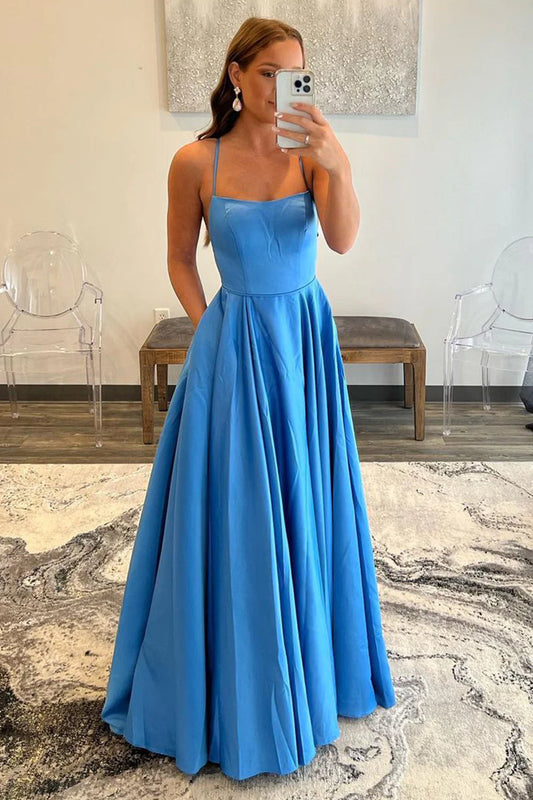 Blue A-Line Spaghetti Straps Lace-Up Back Simple Prom Dress with Pockets