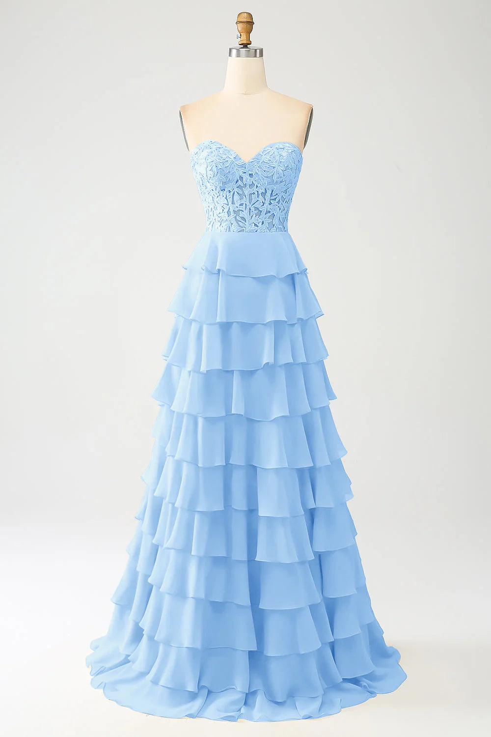 Sky Blue A-Line Off-the-Shoulder Sweetheart Tiered Lace-Up Back Long Prom Dress