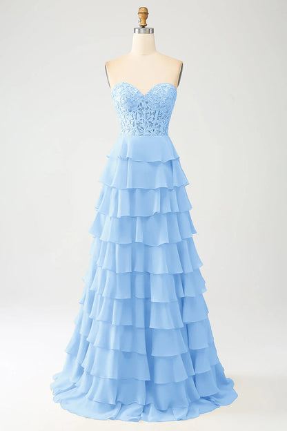 Sky Blue A-Line Off-the-Shoulder Sweetheart Tiered Lace-Up Back Long Prom Dress