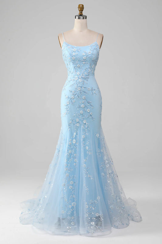 Sparkly Light Blue Spaghetti Strap Beaded Lace-Up Back Mermaid Long Prom Dress