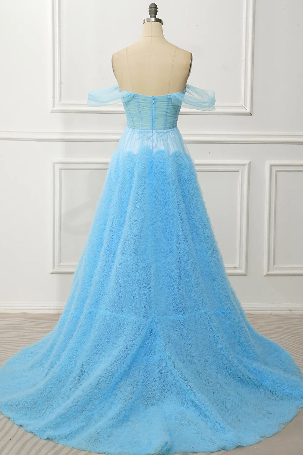 Blue Off the Shoulder A Line Corset Pleats Floor-Length Prom Dress with Slit