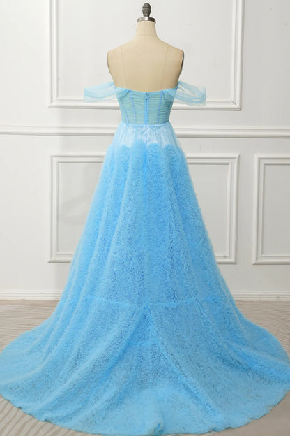 Blue Off the Shoulder A Line Corset Pleats Floor-Length Prom Dress with Slit