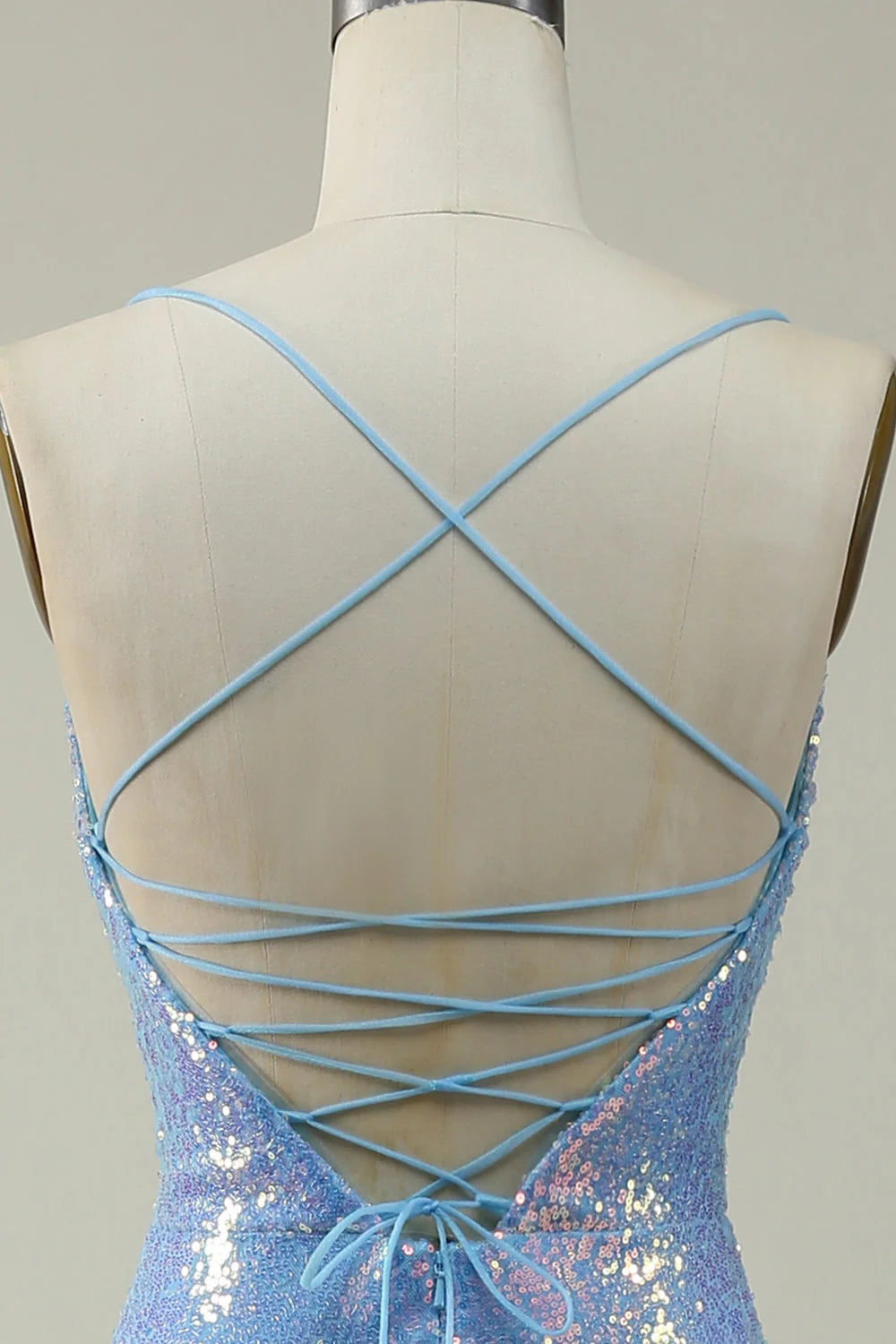 Blue Square Neck Sequined Spaghetti Straps Pleats Mermaid Prom Dress With Split Fork