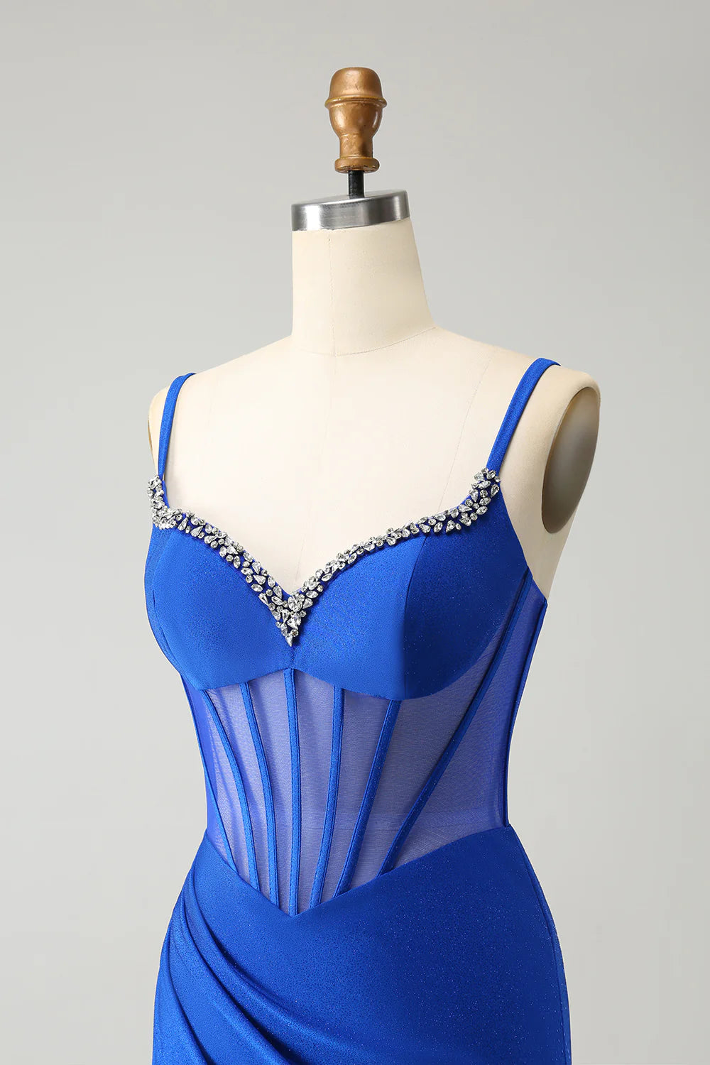 Royal Blue V-Neck Mermaid Spaghetti Strap Beaded Corset Long Prom Dress with Slit