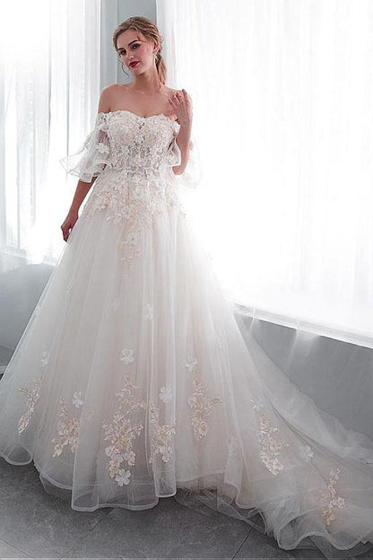 Tulle Off-the-shoulder Neckline A-line Wedding Dress With Lace Appliques