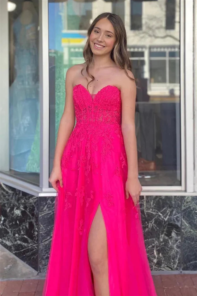 Strapless Floral Appliques Long Prom Dress