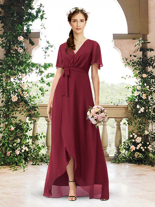 A-Line Bridesmaid Dress V Neck Short Sleeve Elegant Asymmetrical / Floor Length Chiffon with Pleats