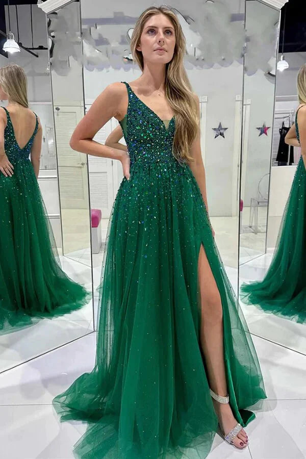 A-line  V Neck Sequined Tulle Prom Dresses
