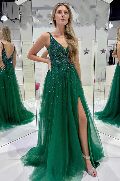 A-line  V Neck Sequined Tulle Prom Dresses