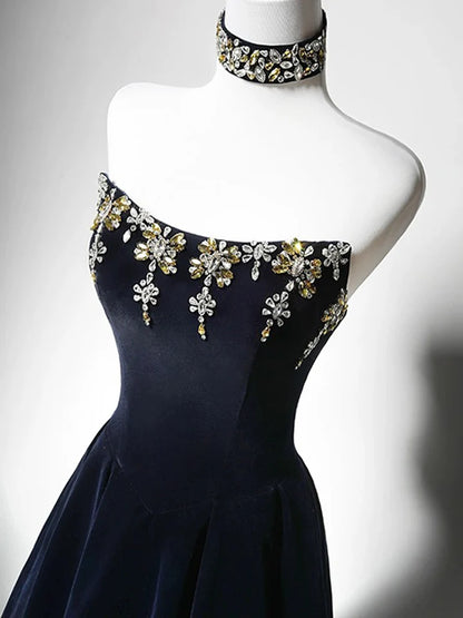 Fashion Simple A-Line Prom Dress Velvet Dark Blue Bead string Long Temperament Dress