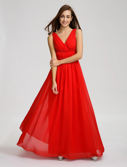 A-Line Bridesmaid Dress V Neck Sleeveless Open Back Floor Length Chiffon with Criss Cross / Draping / Side Draping