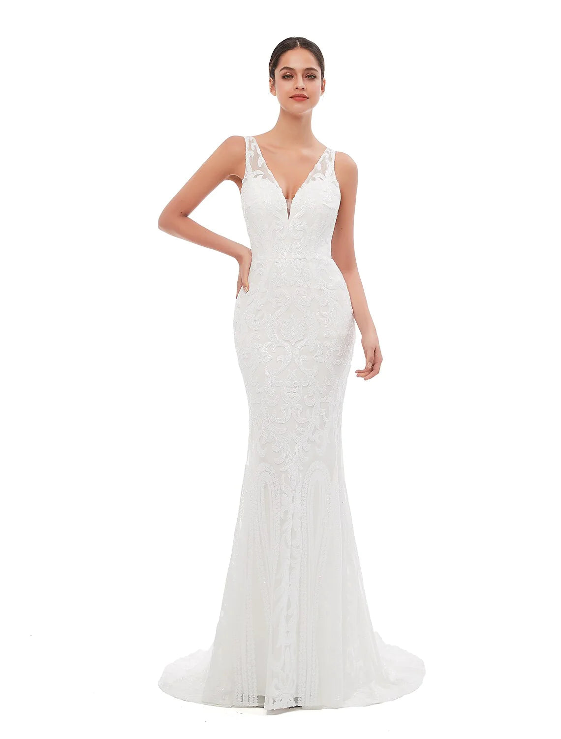 Mermaid / Trumpet Evening Gown Celebrity Style Dress Engagement Court Train Sleeveless V Neck Sequined with Sequin Embroidery