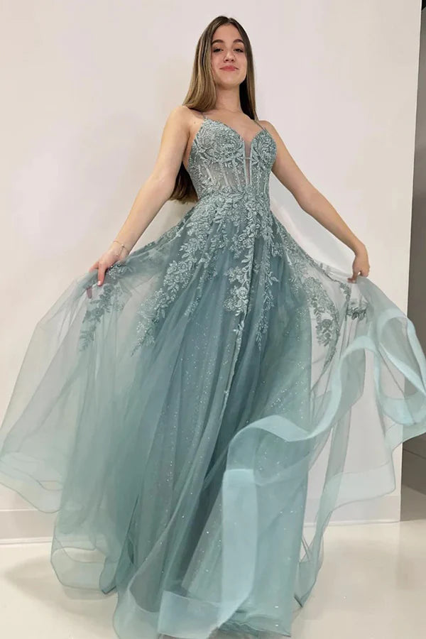 A-Line V Neck Tulle Lace Gray Green Long Prom Dress