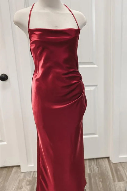 Burgundy Halter Spaghetti Cowl Neck Column Pleats Bridesmaid Dress