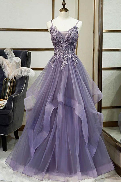 A Line Tiered Ball Gown Long Tulle Spaghetti Straps Layered Prom Dress With Lace Applique
