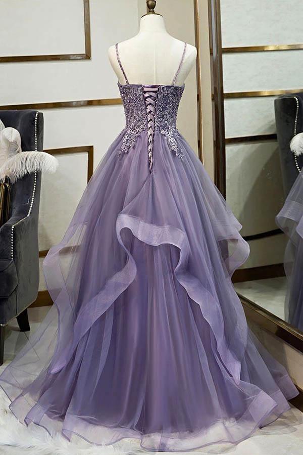 A Line Tiered Ball Gown Long Tulle Spaghetti Straps Layered Prom Dress With Lace Applique