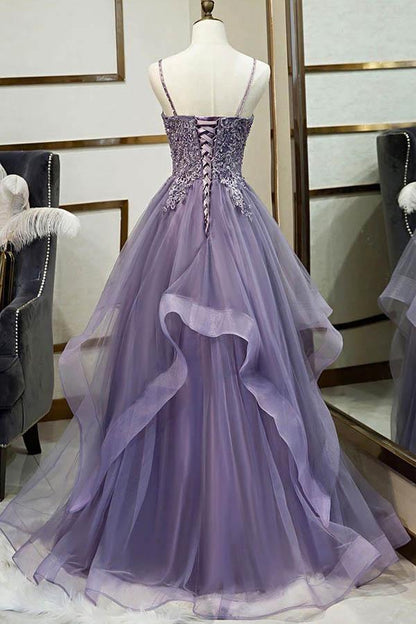A Line Tiered Ball Gown Long Tulle Spaghetti Straps Layered Prom Dress With Lace Applique