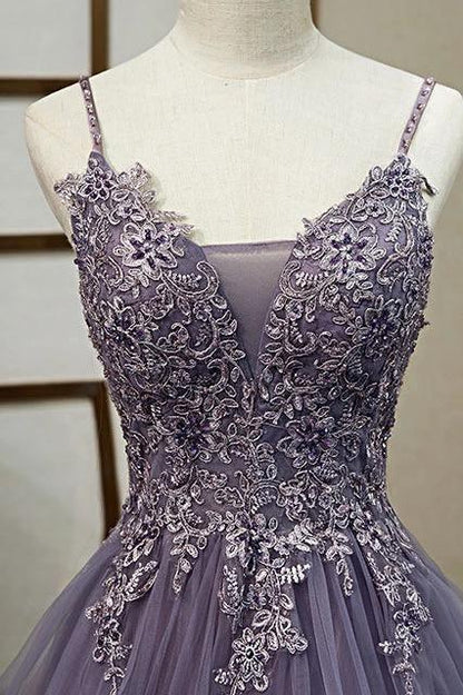 A Line Tiered Ball Gown Long Tulle Spaghetti Straps Layered Prom Dress With Lace Applique