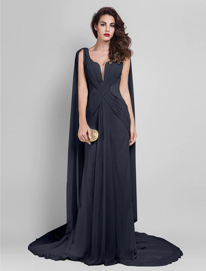 Sheath / Column Elegant Dress Wedding Guest Court Train Sleeveless Plunging Neck Georgette V Back with Criss Cross Side Draping