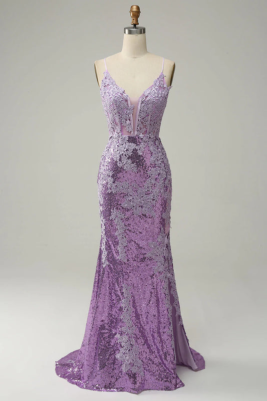 Lavender Plunge V Sequin Spaghetti Strap Mermaid Prom Dress with Appliques