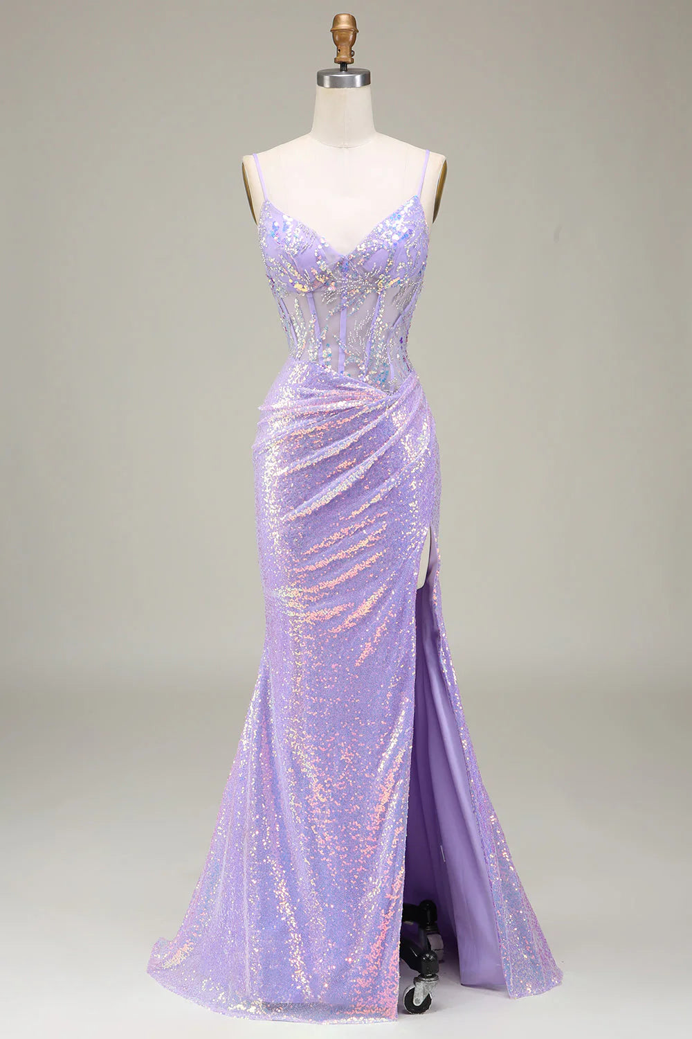 Light Purple V-Neck Mermaid Sparkly Corset Slim-fit Long Prom Dress with Slit