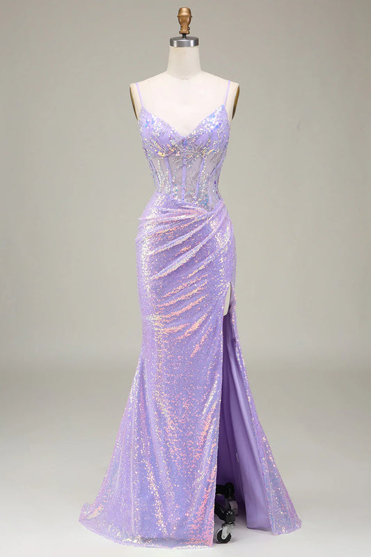 Light Purple V-Neck Mermaid Sparkly Corset Slim-fit Long Prom Dress with Slit