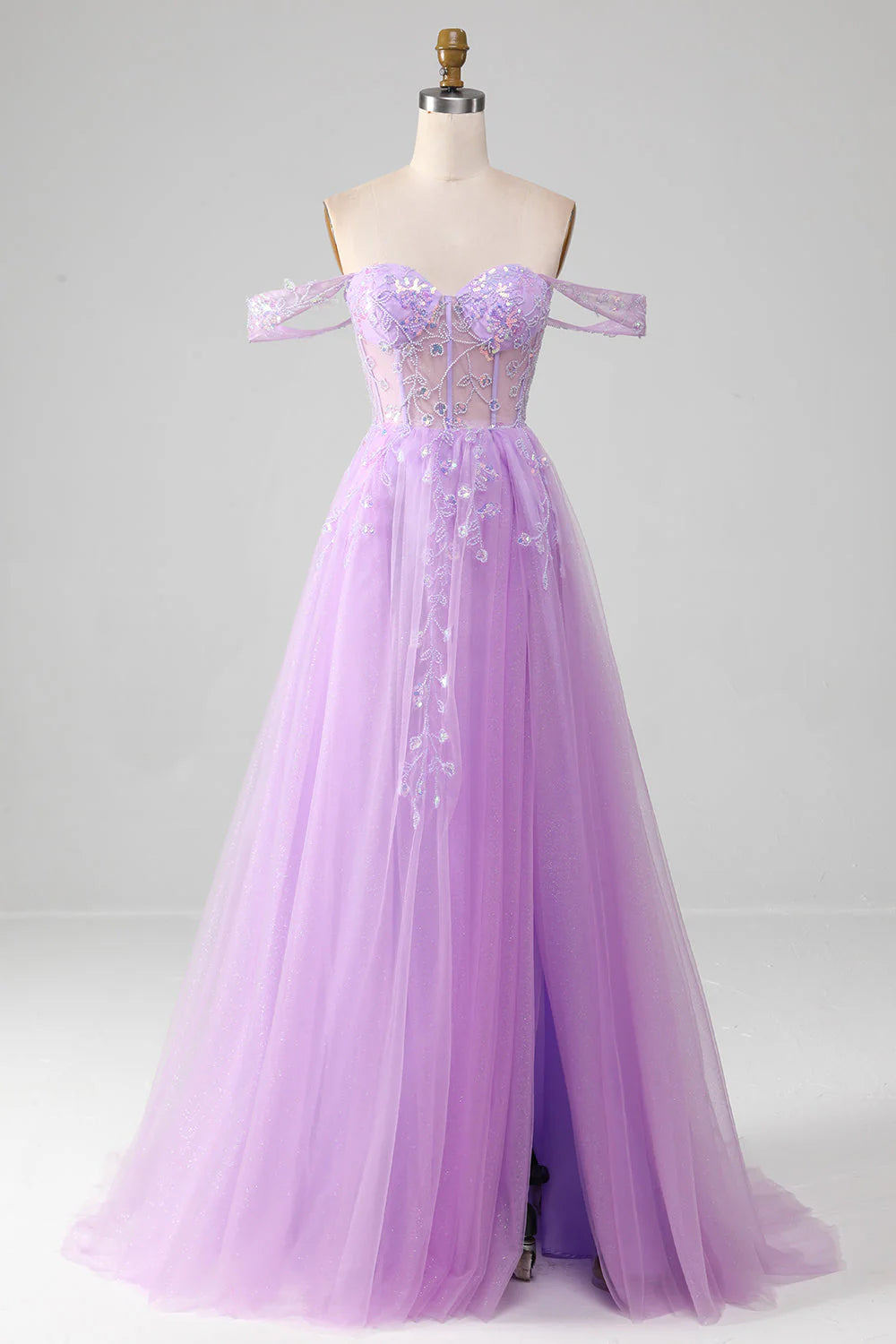 Lavender A Line Off the Shoulder Sequin Beaded Tulle Prom Dress with Slit