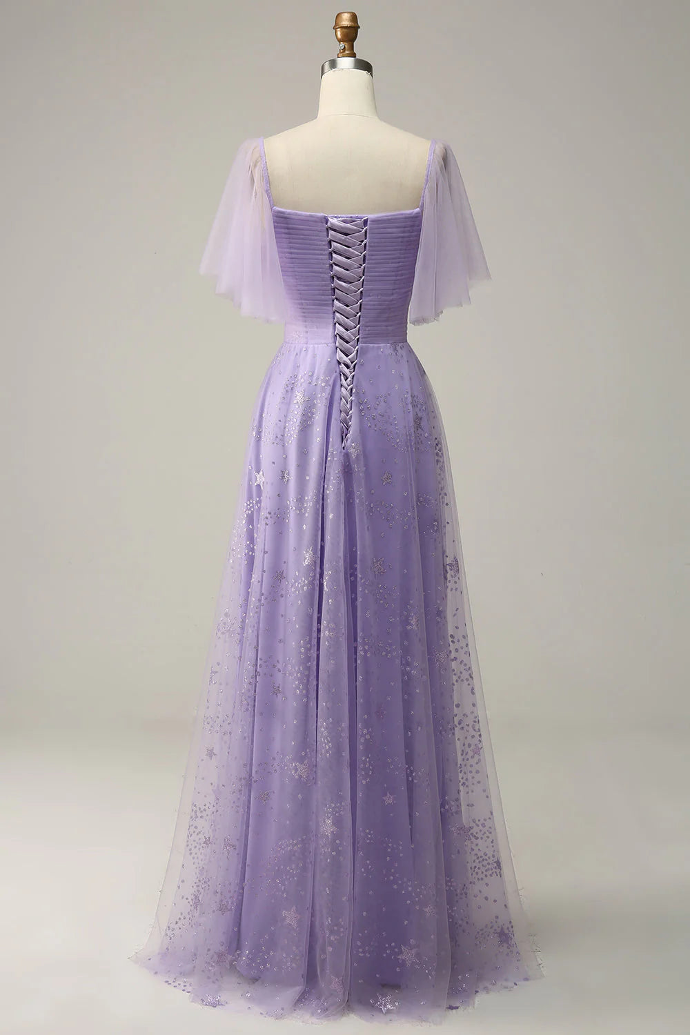 Off-the-Shoulder Lavender Lace-Up Back Prom Dress with Ruffles