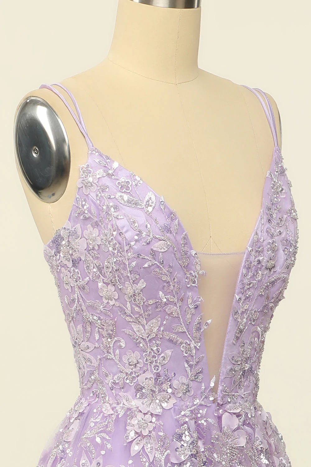Purple Plunge V Spaghetti Straps Lace-Up Back Prom Dress With Appliques