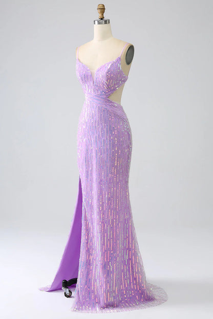 Sparkly Purple V-Neck Mermaid Sequins Spaghetti Straps Backless Prom Dress