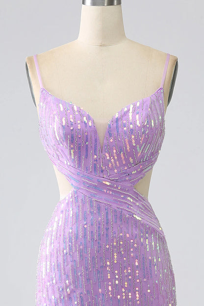 Sparkly Purple V-Neck Mermaid Sequins Spaghetti Straps Backless Prom Dress
