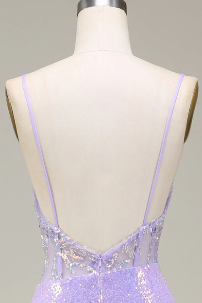 Light Purple V-Neck Mermaid Sparkly Corset Slim-fit Long Prom Dress with Slit