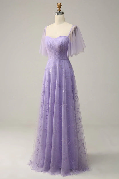 Off-the-Shoulder Lavender Lace-Up Back Prom Dress with Ruffles