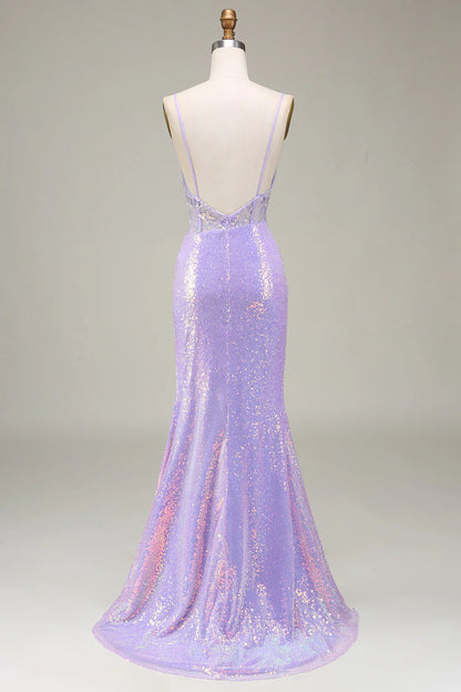 Light Purple V-Neck Mermaid Sparkly Corset Slim-fit Long Prom Dress with Slit