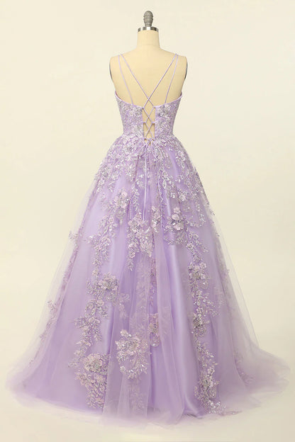 Purple Plunge V Spaghetti Straps Lace-Up Back Prom Dress With Appliques