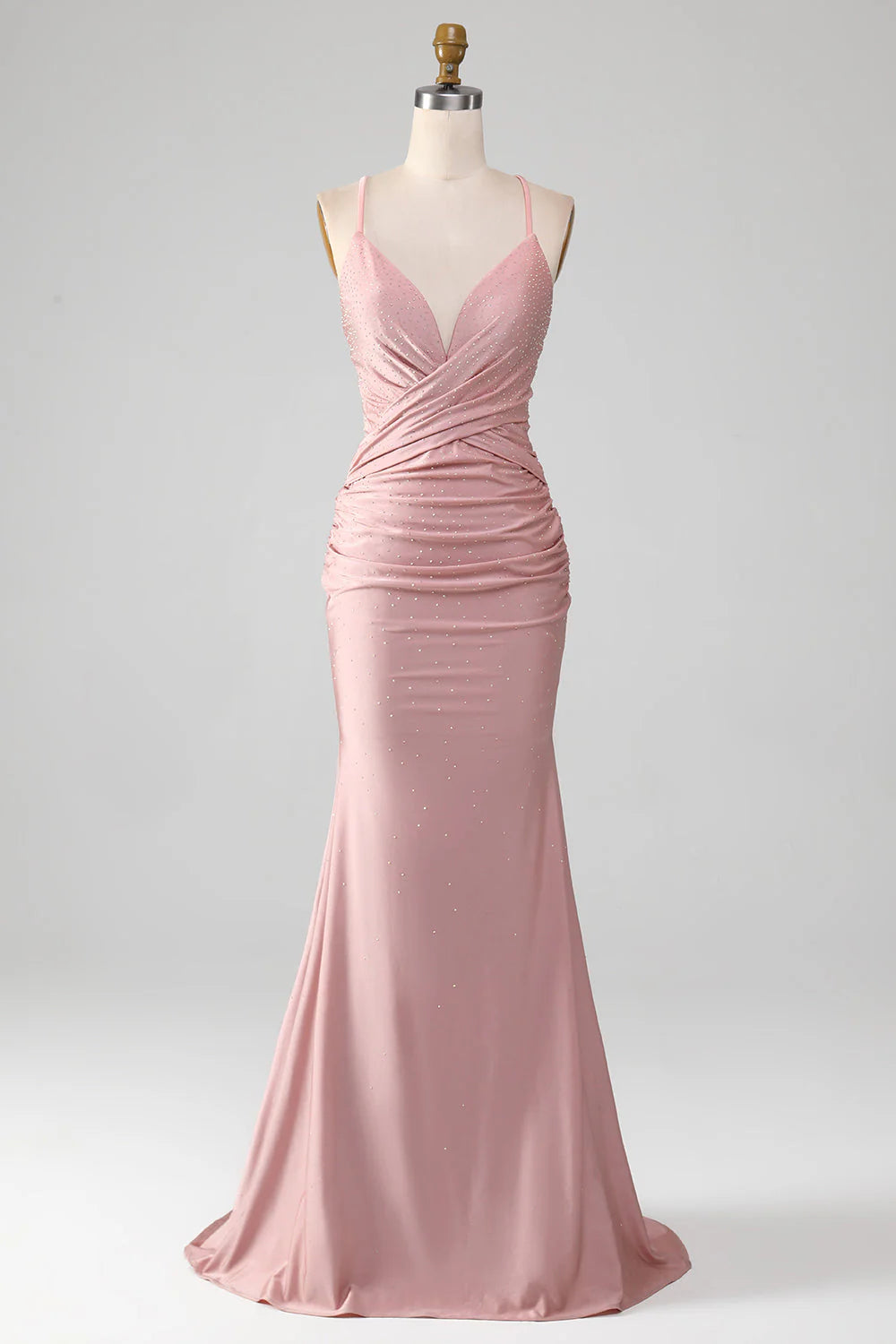 Sparkly Blush V-Neck Spaghetti Strap Beaded Lace-Up Back Long Mermaid Prom Dress