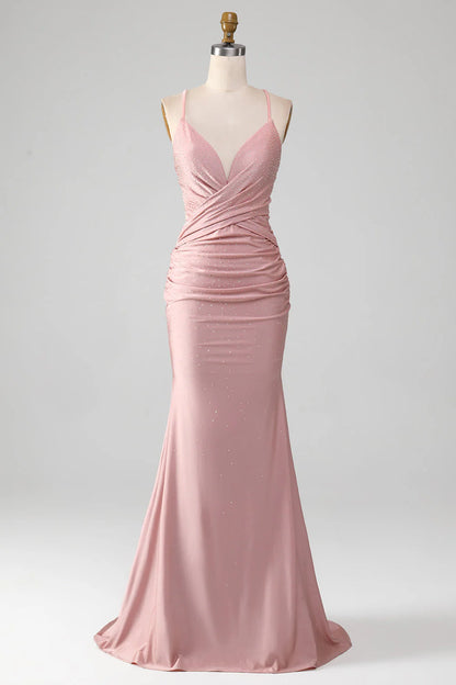 Sparkly Blush V-Neck Spaghetti Strap Beaded Lace-Up Back Long Mermaid Prom Dress