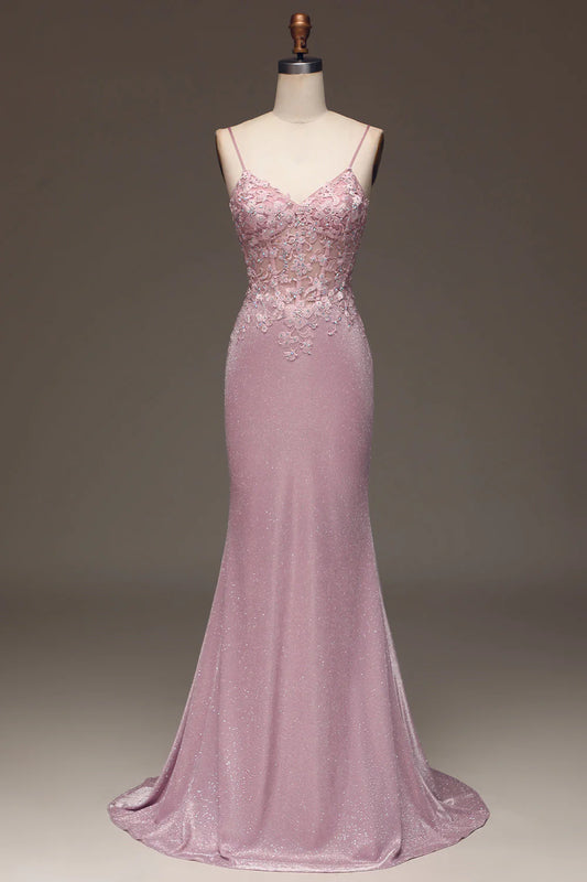 Blush V-Neck Beaded Mermaid Spaghetti Straps Slim-fit Long Prom Dress