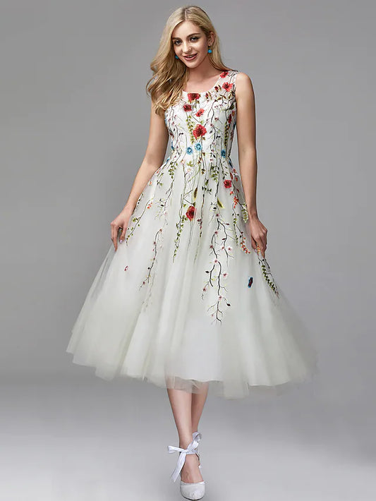 Prom Dresses Elegant Dress Wedding Guest Tea Length Sleeveless Chiffon with Lace Insert Appliques