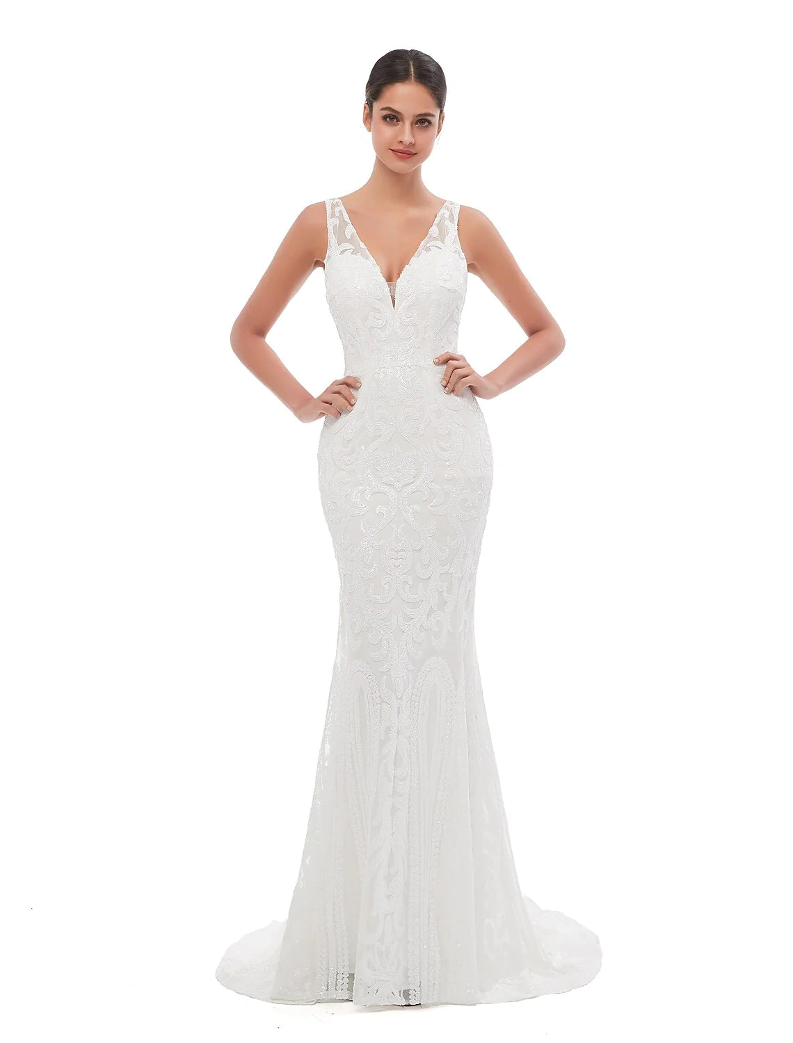 Mermaid / Trumpet Evening Gown Celebrity Style Dress Engagement Court Train Sleeveless V Neck Sequined with Sequin Embroidery