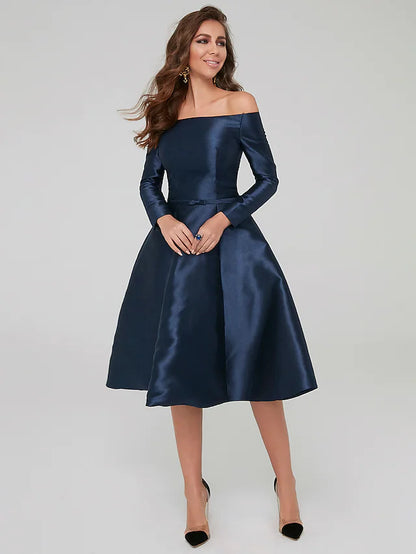 A-Line Special Occasion Dresses Party Dress Wedding Guest Knee Length Long Sleeve Off Shoulder Satin with Pleats