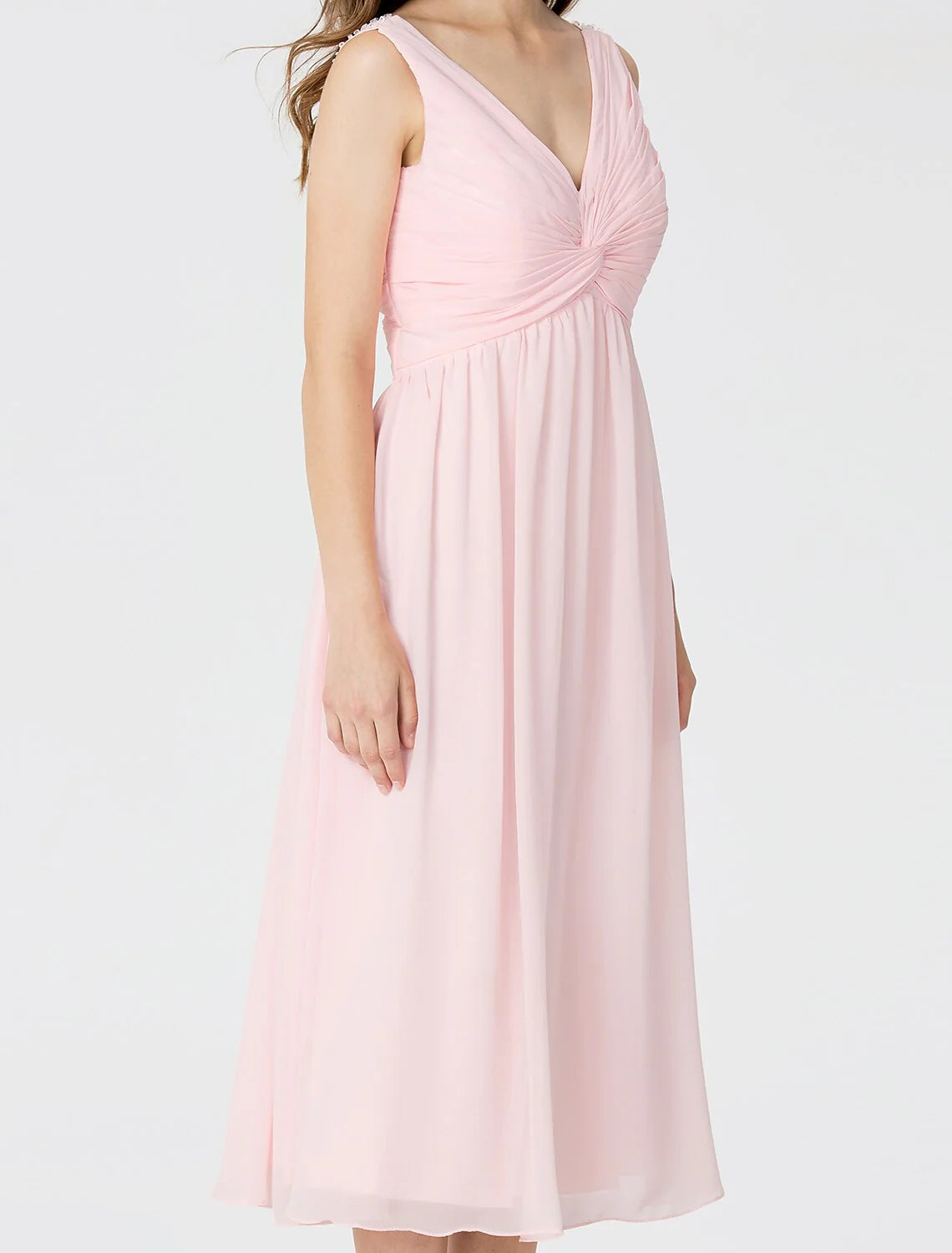 Ball Gown / A-Line V Neck Tea Length Chiffon Bridesmaid Dress with Criss Cross / Beading